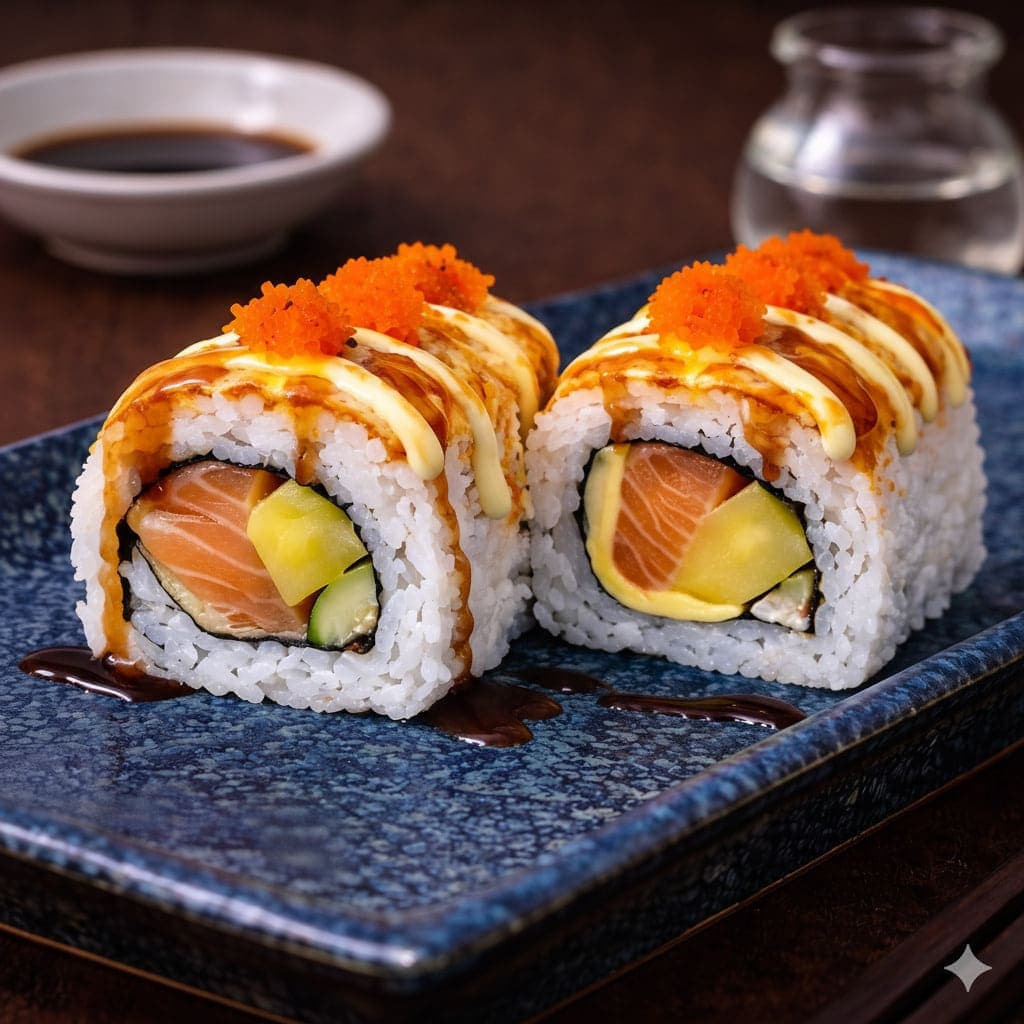 Mango Flame Salmon Uramaki from Miyora Sushi pre-order sushi menu in St Neots