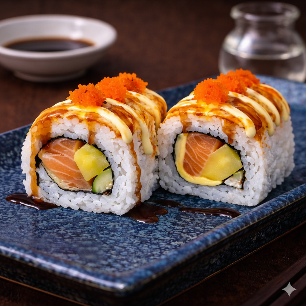 mango flame salmon uramaki